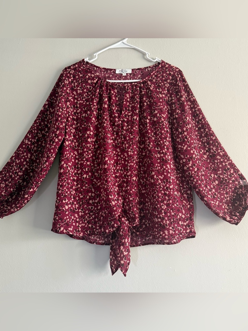 Women’s Floral Tie Front Blouse Burgundy Long Sleeve Lightweight Top Size M